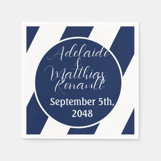 航海のエレガントストライプの結婚-Navy Blue，ホワイト スタンダードカクテルナプキン (正面)
