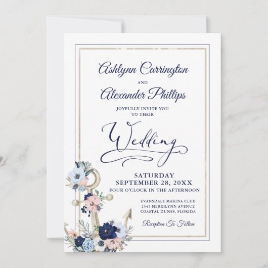 航海のエレガントフローラいかりネイビー金ゴールド結婚ズ 招待状 (正面)