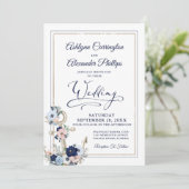 航海のエレガントフローラいかりネイビー金ゴールド結婚ズ 招待状 (スタンド正面)