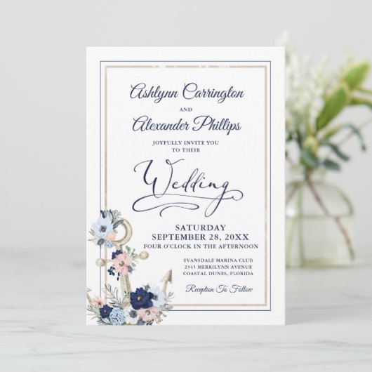 航海のエレガントフローラいかりネイビー金ゴールド結婚ズ 招待状 (スタンド正面)