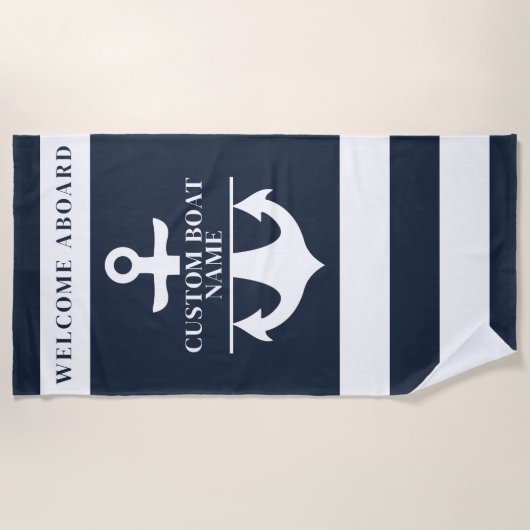 航海のカスタムいかりネイビーストライプの ビーチタオル (正面)