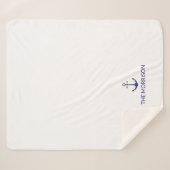 航海のカスタムボートネームネイビーブルーいかりホワイト シェルパブランケット (正面(横))