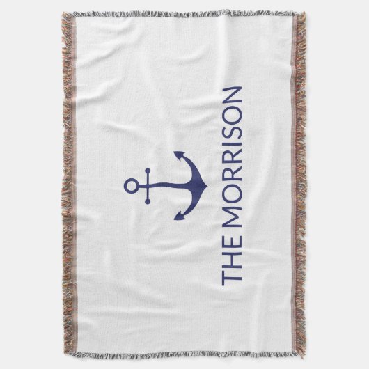 航海のカスタムボートネームネイビーブルーいかりホワイト スローブランケット (正面縦)