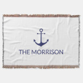 航海のカスタムボートネームネイビーブルーいかりホワイト スローブランケット (正面)