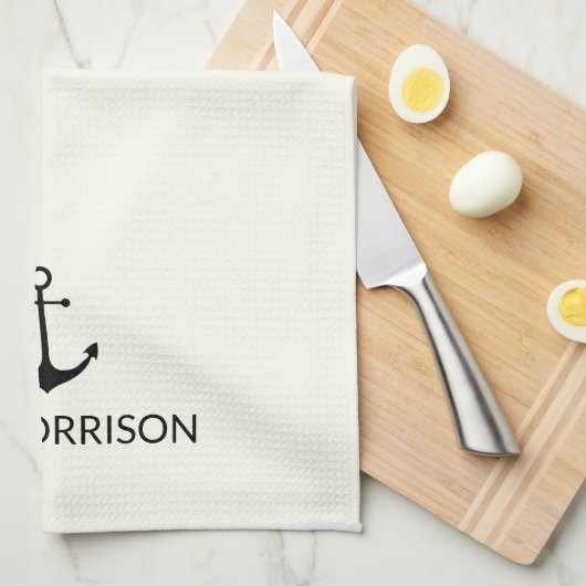 航海のカスタムボートネームブラックいかりアイボリー キッチンタオル (四つ折り)
