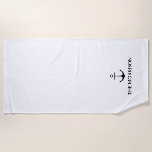 航海のカスタムボートネーム黒いかり白 ビーチタオル (正面)