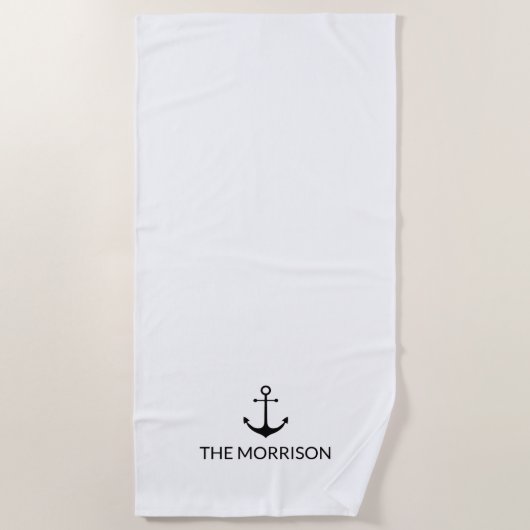 航海のカスタムボートネーム黒いかり白 ビーチタオル (正面)