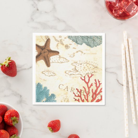 航海のカリブの魚の素朴地図とサンゴ スタンダードカクテルナプキン (インサイチュ)