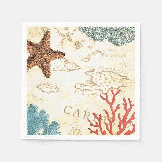 航海のカリブの魚の素朴地図とサンゴ スタンダードカクテルナプキン (正面)