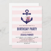 航海のガーリーいかりとフクロウストライプ誕生日 招待状 (正面/裏面)