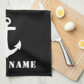 航海のクラシックいかりあなたのボートネーム白黒 キッチンタオル (四つ折り)