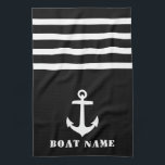航海のクラシックいかりあなたのボートネーム白黒 キッチンタオル<br><div class="desc">航海のカスタムクラシックいかりお使いのボーパーソナライズされたト名のシックな黒いキッチンタオルと白いストライプ。</div>