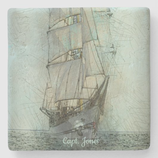 航海のクラシック船舶（青） ストーンコースター (正面)