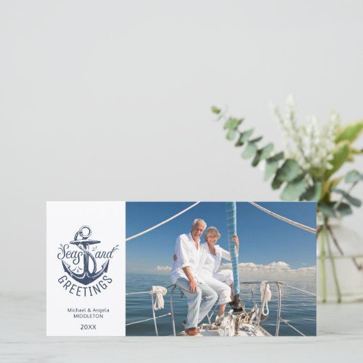 航海のクリスマスの海と挨拶のいかり写真 シーズンカード (スタンド正面)