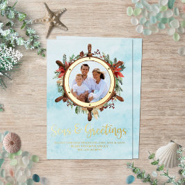 航海のクリスマスの海と挨拶の写真金ゴールド 箔シーズンカード