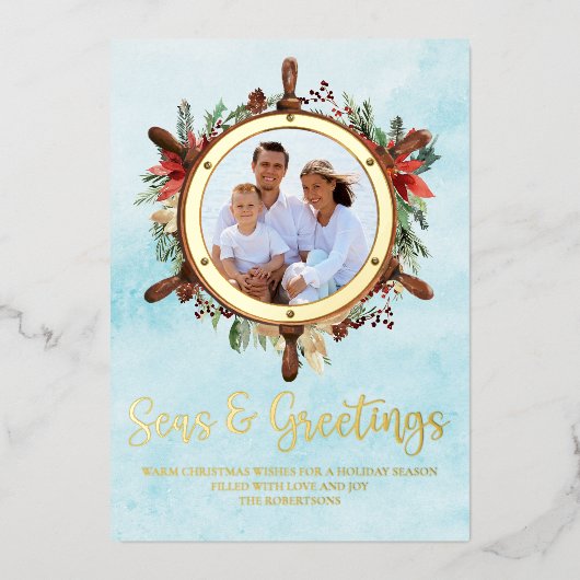 航海のクリスマスの海と挨拶の写真金ゴールド 箔シーズンカード (正面)