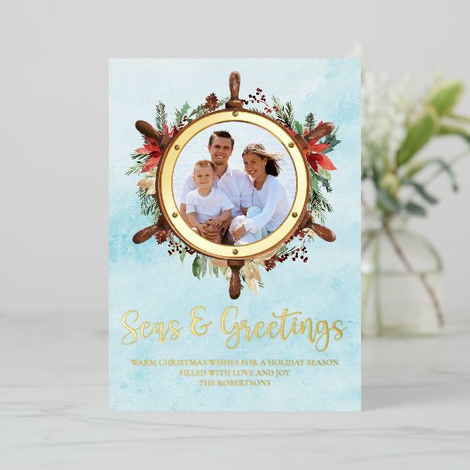航海のクリスマスの海と挨拶の写真金ゴールド 箔シーズンカード (立ち正面)