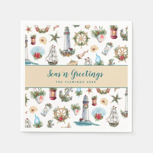 航海のクリスマスの海と挨拶パーソナライズされた スタンダードカクテルナプキン (正面)
