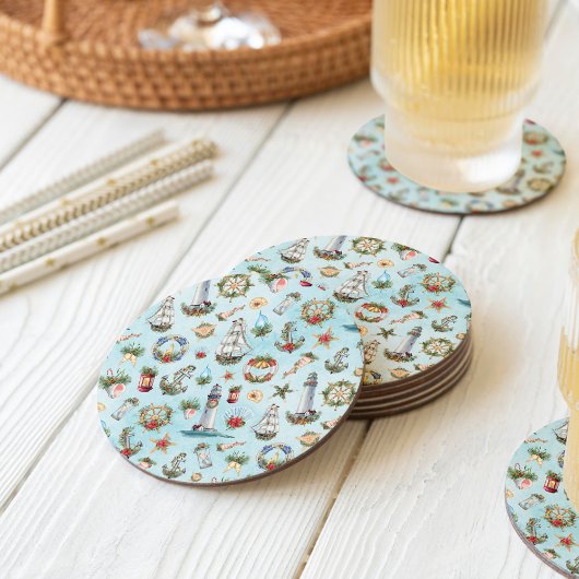 航海のクリスマスライトハウスビーチコーストテーマ ラウンドペーパーコースター