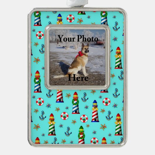 航海のクリスマス灯台がイメージを追加 シルバープレートフレームオーナメント (正面)