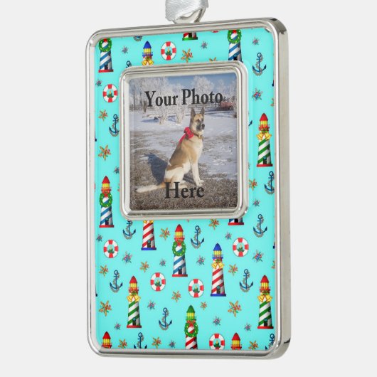 航海のクリスマス灯台がイメージを追加 シルバープレートフレームオーナメント (左)