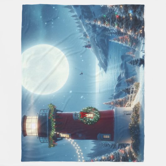 航海のクリスマス灯台 フリースブランケット (正面)