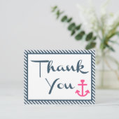 航海のサンキューピンクいかりネイビーブルーストライプズ ポストカード (スタンド正面)