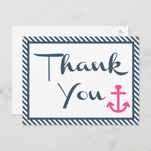 航海のサンキューピンクいかりネイビーブルーストライプズ ポストカード (正面/裏面)