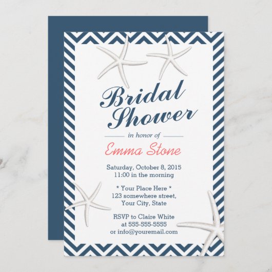 航海のシャブロンストライプブライダルシャワー 招待状 (正面/裏面)