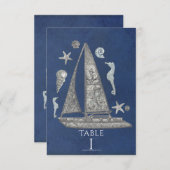 航海のシルバー船＆ビーチテーブルナンバーカード 招待状 (正面/裏面)