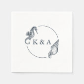 航海のシーホース&シー結婚シェルのモノグラム スタンダードカクテルナプキン (正面)