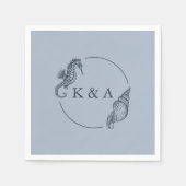 航海のシーホース&シー結婚シェルのモノグラム スタンダードカクテルナプキン (正面)