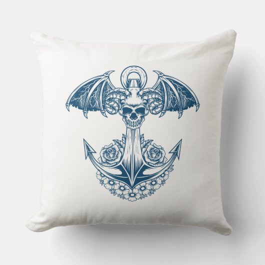 航海のスカルと花を持つボートいかり クッション (正面)