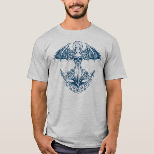 航海のスカルと花を持つボートいかり Tシャツ