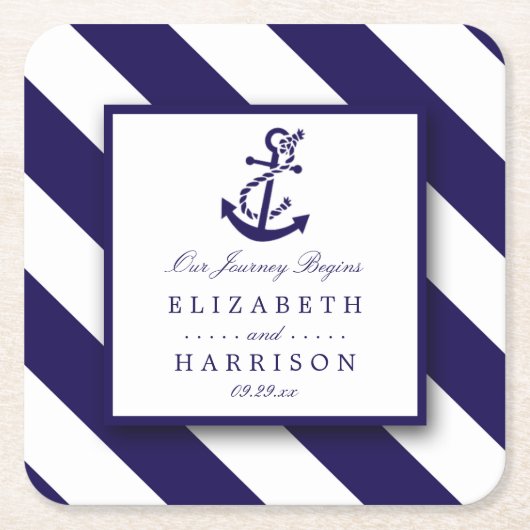 航海のストライプいかり結婚ズ スクエアペーパーコースター (正面)