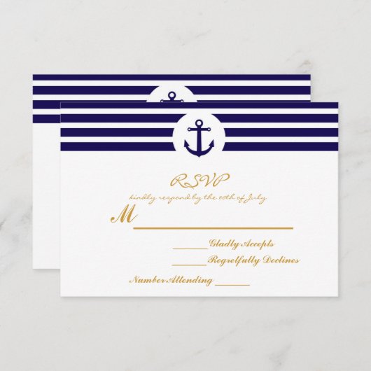航海のストライプのいかりRSVPの結婚カード 出欠カード (正面/裏面)