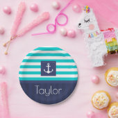 航海のストライプのモダンいかりデザインパーソナライズされた ペーパープレート (パーティー)