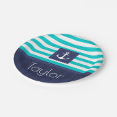 航海のストライプのモダンいかりデザインパーソナライズされた ペーパープレート (アングル)