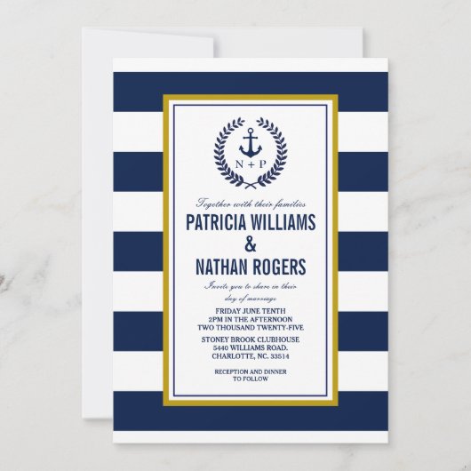 航海のストライプはっきりした結婚スタイル 招待状 (正面)