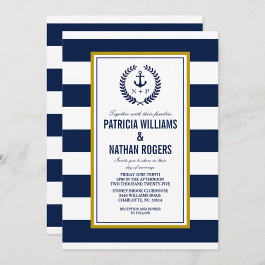 航海のストライプはっきりした結婚スタイル 招待状 (正面/裏面)
