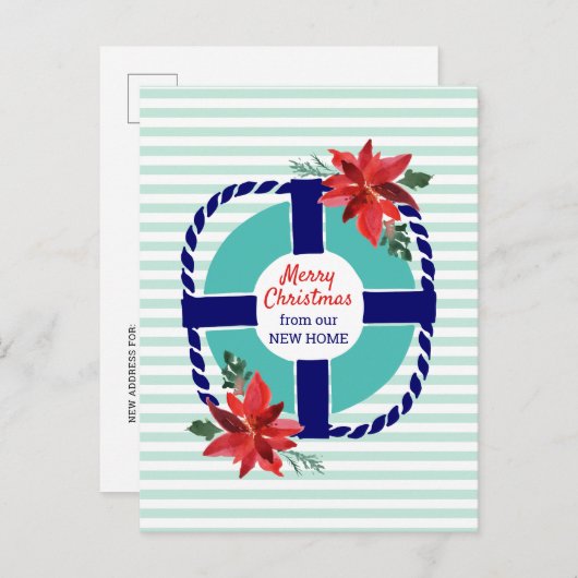 航海のストライプクリスマス・ポインセティアス移動 案内ポストカード (正面/裏面)