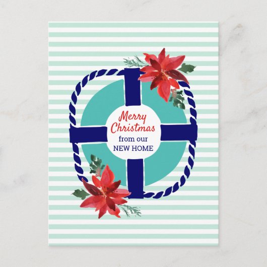 航海のストライプクリスマス・ポインセティアス移動 案内ポストカード (正面)