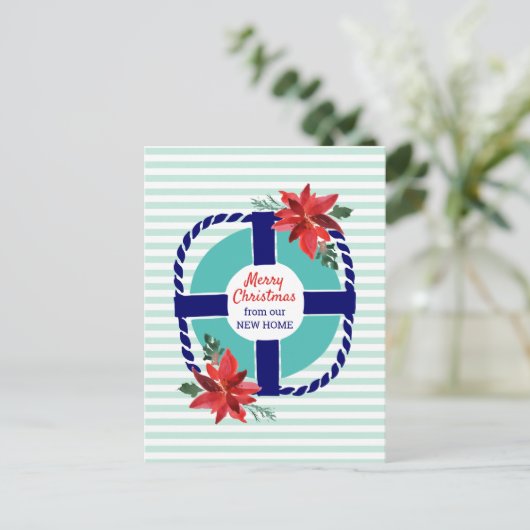 航海のストライプクリスマス・ポインセティアス移動 案内ポストカード (スタンド正面)