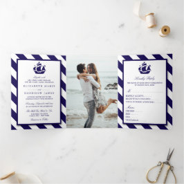 航海のストライプズ&ネイビーブルーシップ結婚ズスイート 三つ折り招待状