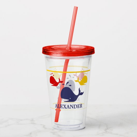 航海のストライプネイビーブルーイエローレッドホエールホワイト アクリルタンブラー (裏面)