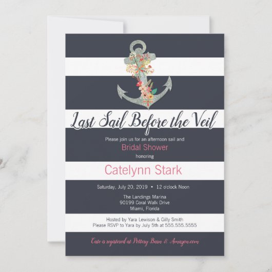 航海のストライプフローラいかりブライダルシャワー 招待状 (正面)
