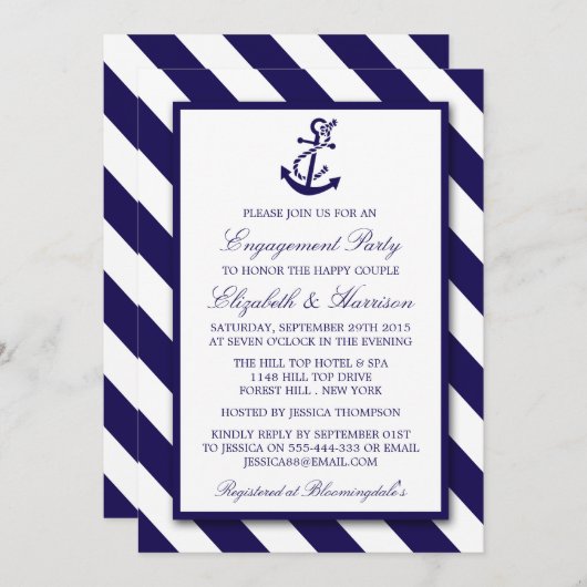 航海のストライプ婚約&ネイビーブルーいかり 招待状 (正面/裏面)