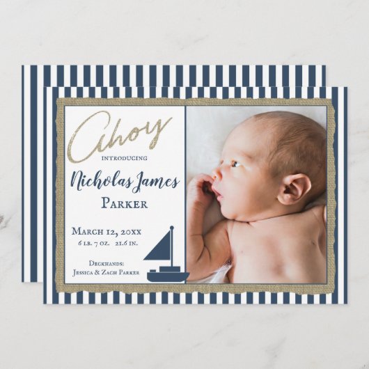 航海のストライプ帆船写真誕生のお知らせ 招待状 (正面/裏面)