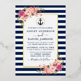 航海のストライプ水カラーピンクフローラブルー金ゴールド 箔招待状