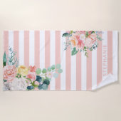 航海のストライプ水カラーフローラピンク名 ビーチタオル (正面)